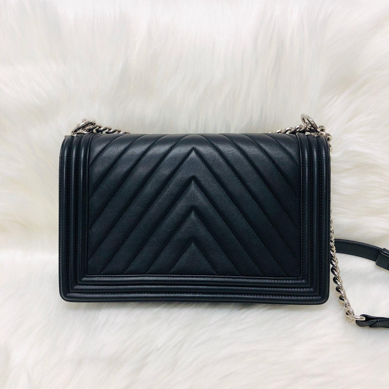 Le Boy Chevron Calfskin Flap Bag with Shiny Silver Hardware New Medium