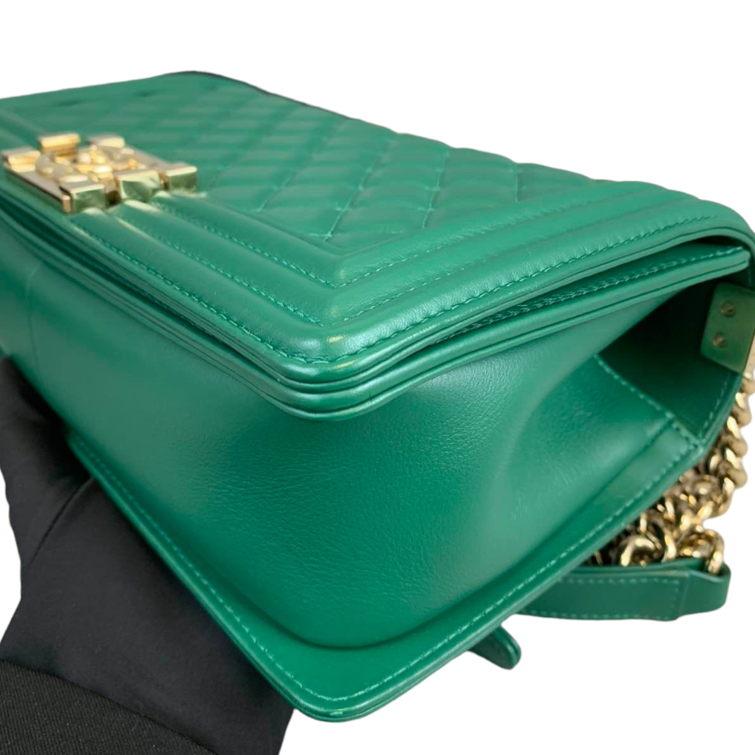 CHANEL Old Medium Le Boy Bag in Emerald Green Lambskin Leather with RHW Bag Religion