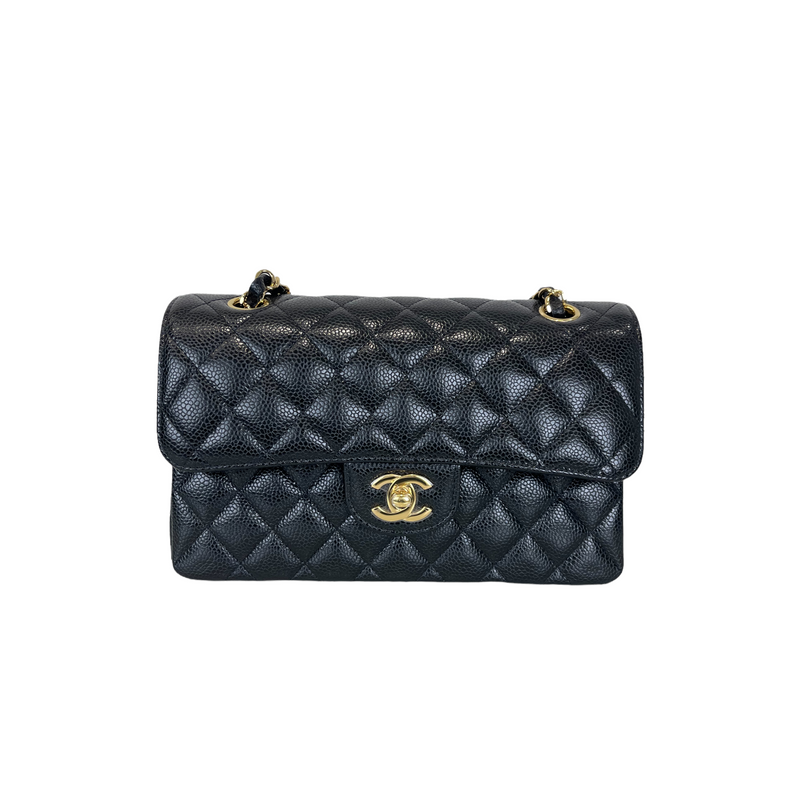 Small Classic Double Flap Caviar Black GHW