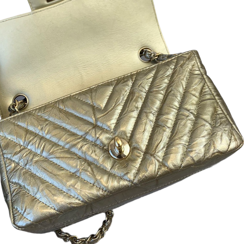 Mini Rectangle Chevron Metallic Crumpled Calfskin Gold GHW