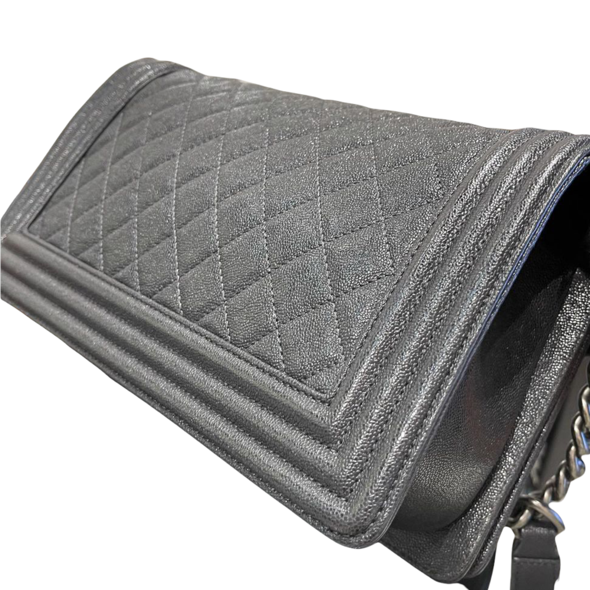 Chanel Le Boy Bag Old Medium Caviar Leather Dark Grey RHW Bag Religion