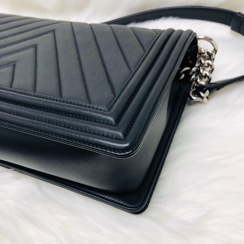 Le Boy Chevron Calfskin Flap Bag with Shiny Silver Hardware New Medium