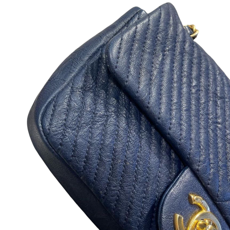 Chevron Flap Mini Lambskin Dark Blue GHW