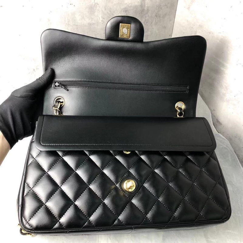Jumbo Double Flap in Black Lambskin with GHW