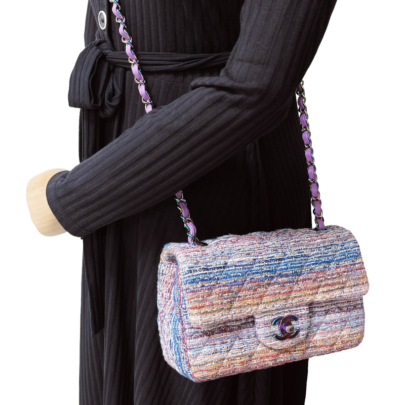 Mini Rectangle Flap Tweed Purple Rainbow Hardware