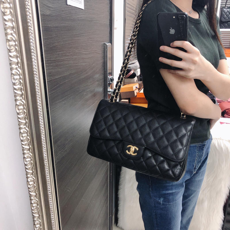 $7500 Chanel Classic Black Caviar Quilted Leather Jumbo Flap Bag