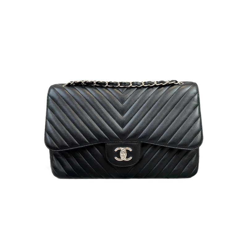Classic Flap Jumbo Caviar Black Chevron SHW