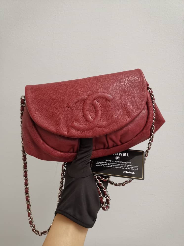 Crossbody Half Moon Flap Dark Red Caviar Leather with SHW