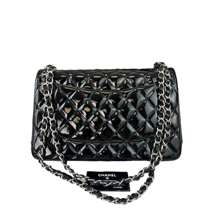 Chanel Classic Double Flap Quilted Patent Leather Silver-tone Jumbo Dark  Grey in Patent Leather with Silver-tone - US