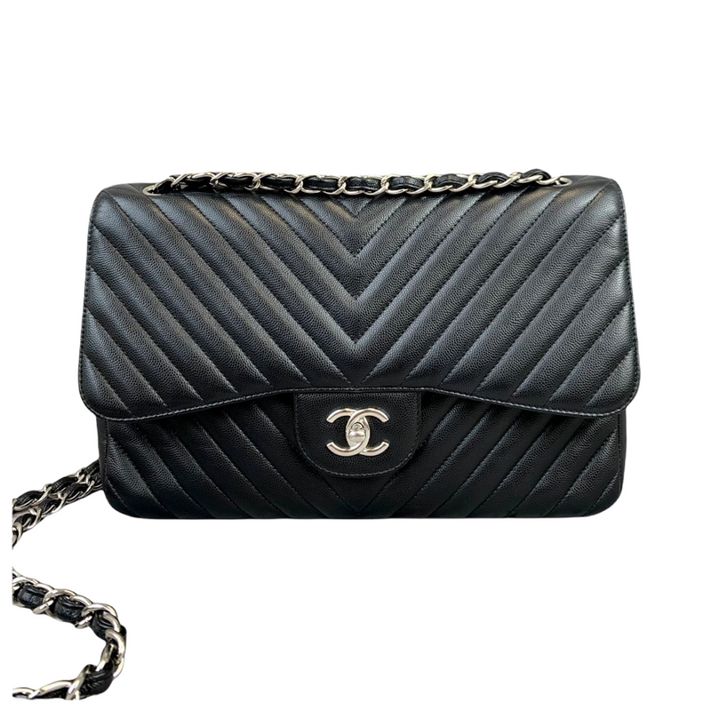 Classic Flap Jumbo Caviar Black Chevron SHW