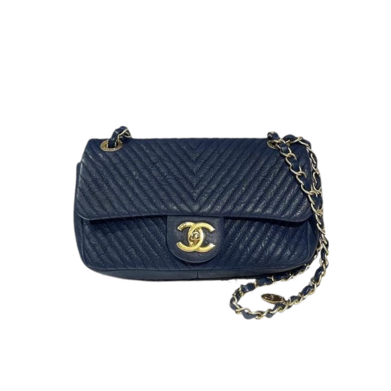 Chevron Flap Mini Lambskin Dark Blue GHW