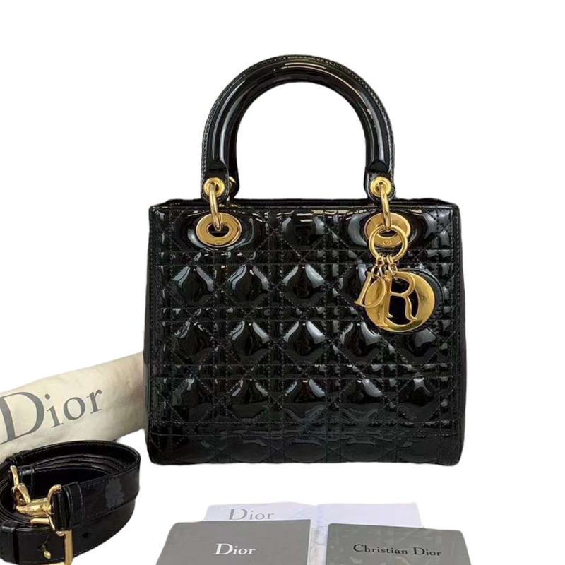 Lady Dior Medium Patent Black GHW