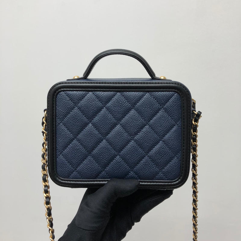 Small Caviar Quilted Filigree Vanity Case Blue/Black
