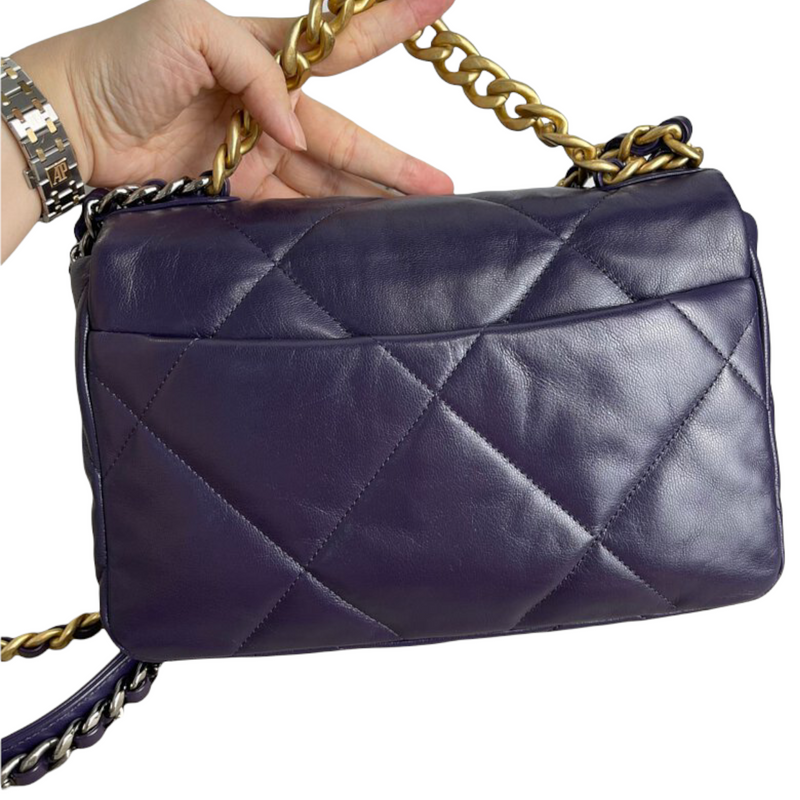 CHANEL 19 Large Flap Quilted Lambskin Leather Shoulder Bag Violet