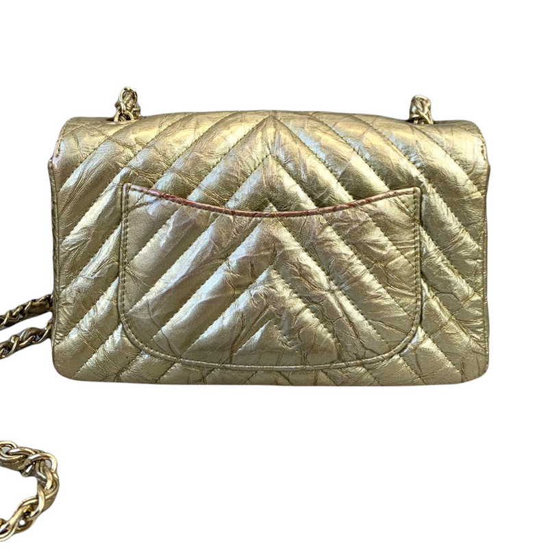 Mini Rectangle Chevron Metallic Crumpled Calfskin Gold GHW