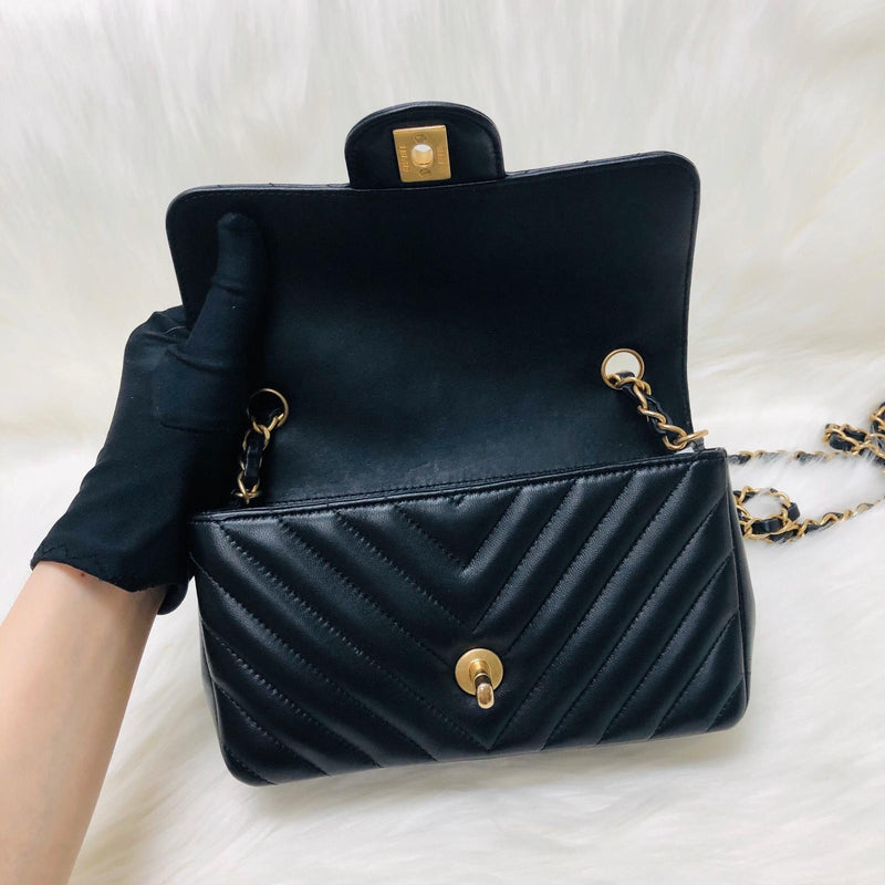 Mini Rectangular Chevron in Black Lambskin Leather with  GHW