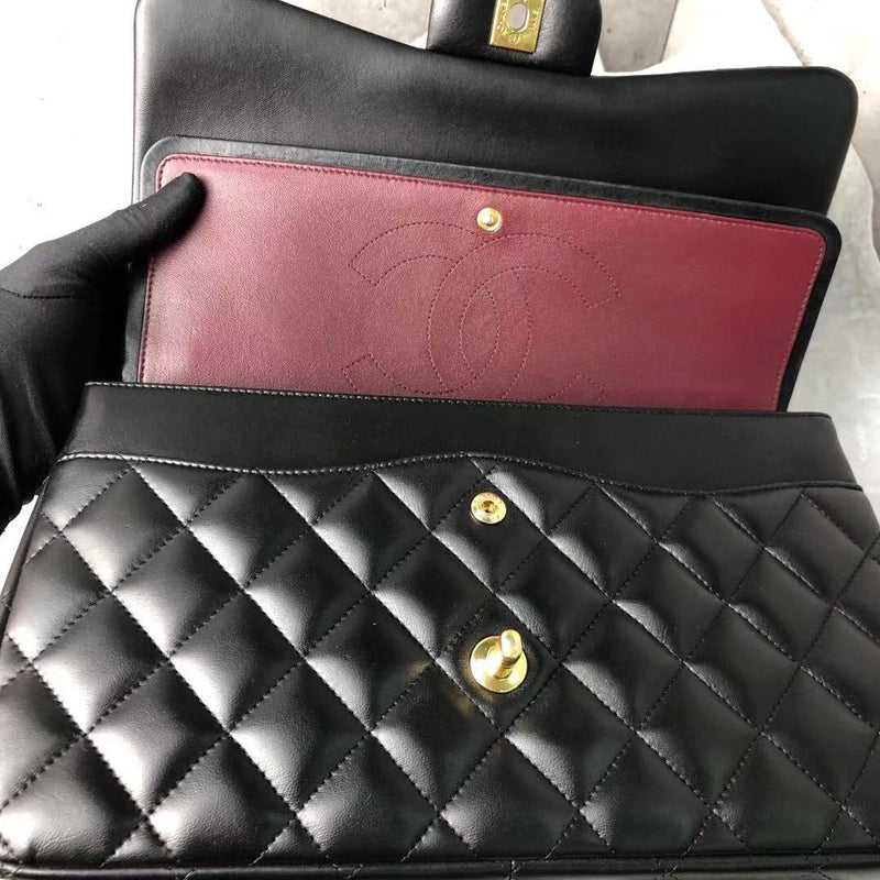 Jumbo Double Flap in Black Lambskin with GHW