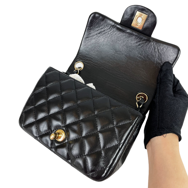 Square Mini Flap Lambskin Black GHW