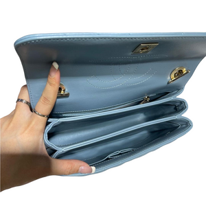 Small Trendy CC Flap Lambskin Chevron Quilted Light Blue SHW