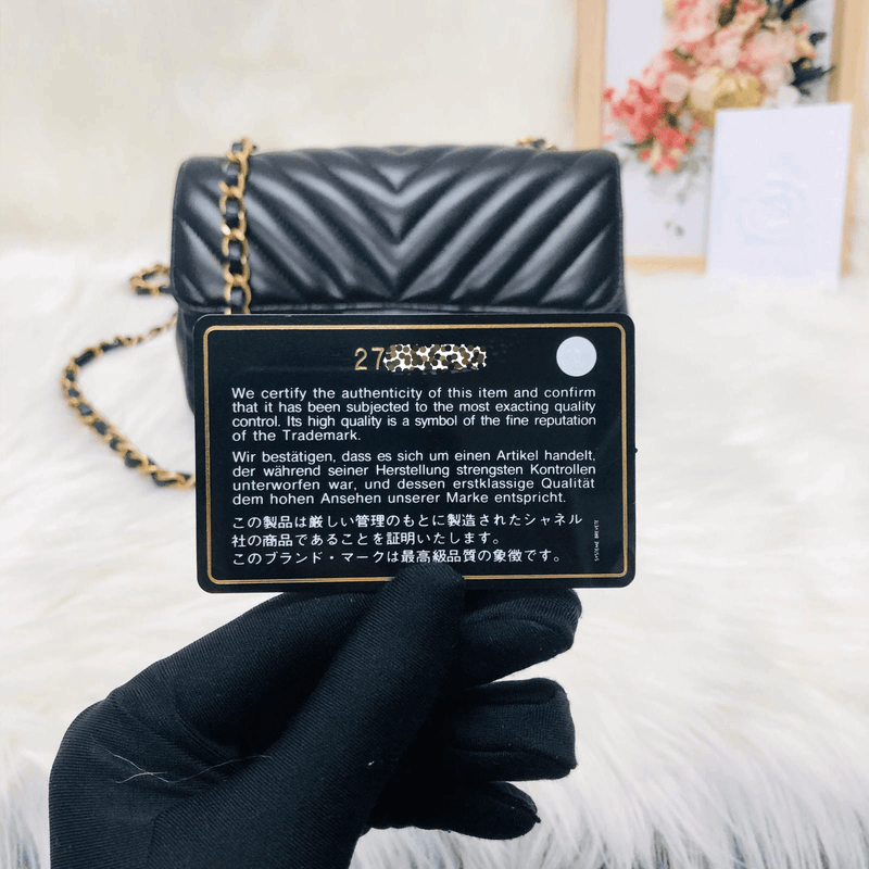 Mini Rectangular Chevron in Black Lambskin Leather with  GHW