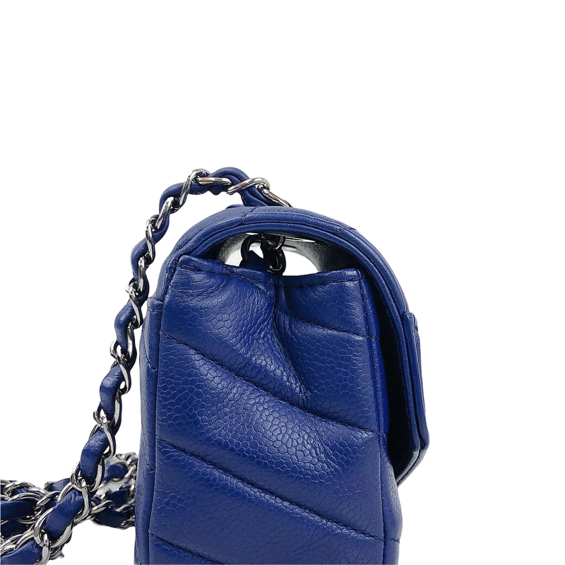 Chanel Mini Rectangular Flap Chevron Leather Crossbody Bag Navy Blue