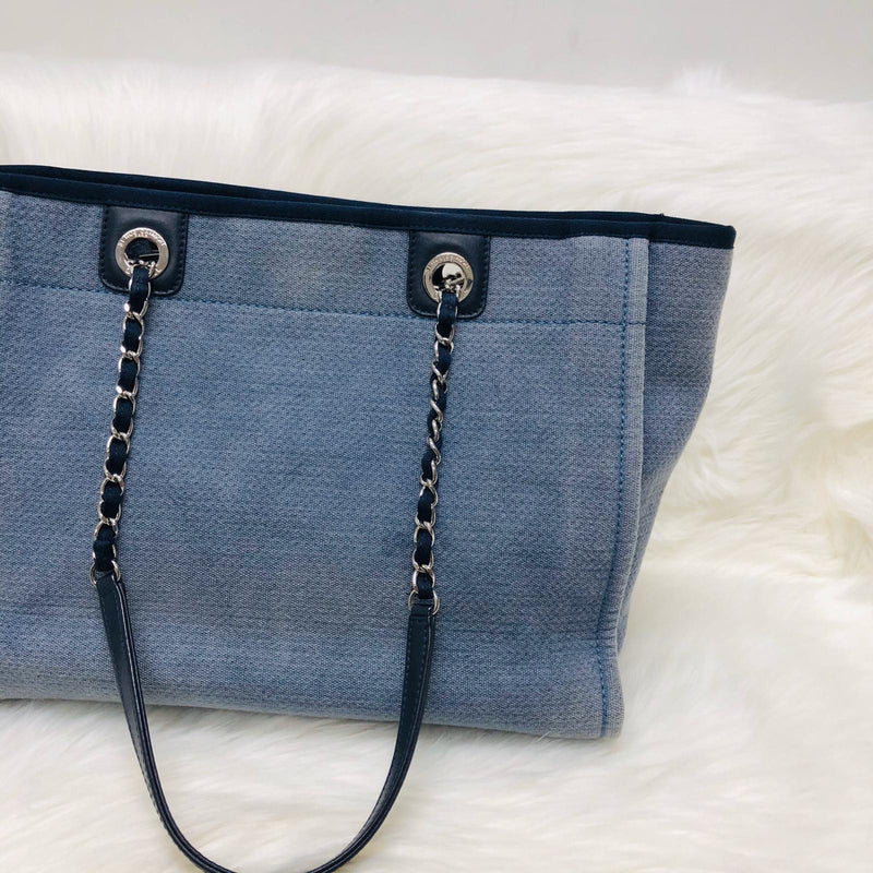 Guarantee Authentic Chanel Blue Denim and Leather Deauville Bowling Chain Shoulder Tote Bag