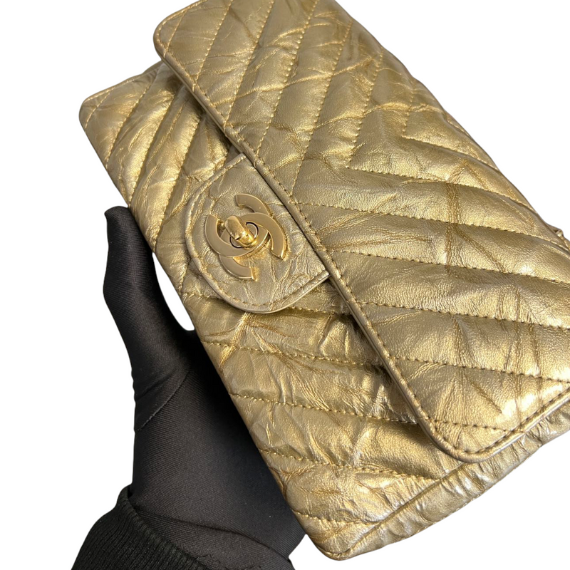 Mini Rectangle Chevron Metallic Crumpled Calfskin Gold GHW