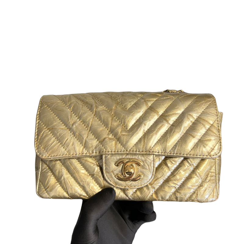 Chanel 18S Gold Crumpled Calf Patent Chevron Rectangular Mini