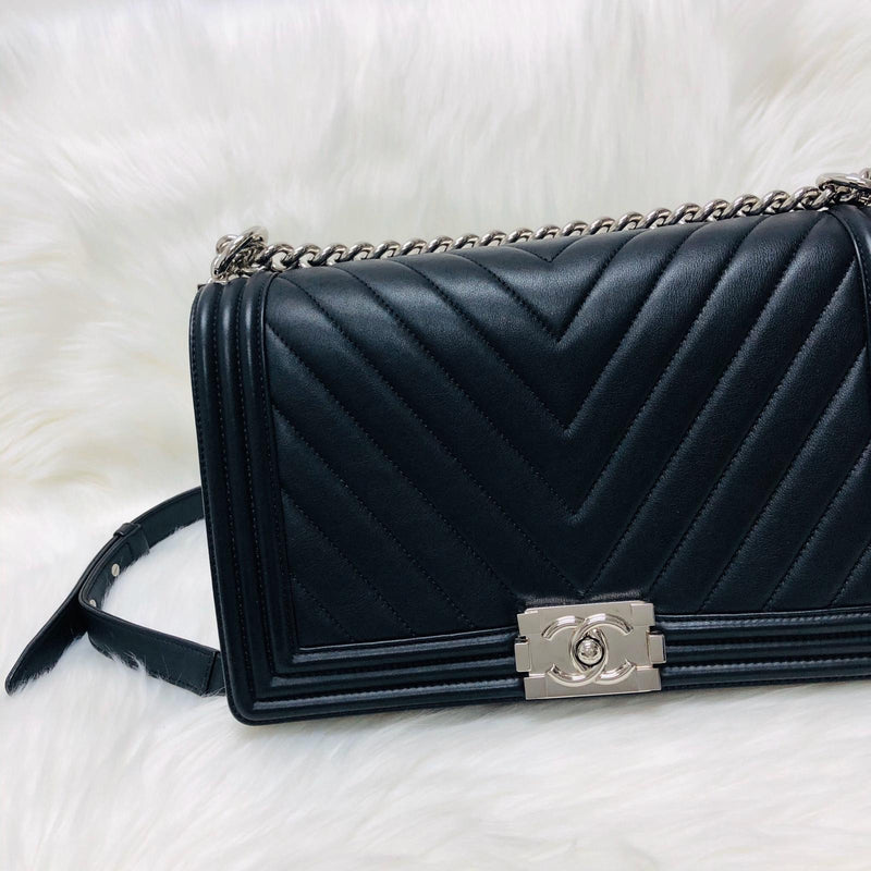 Le Boy Chevron Calfskin Flap Bag with Shiny Silver Hardware New Medium