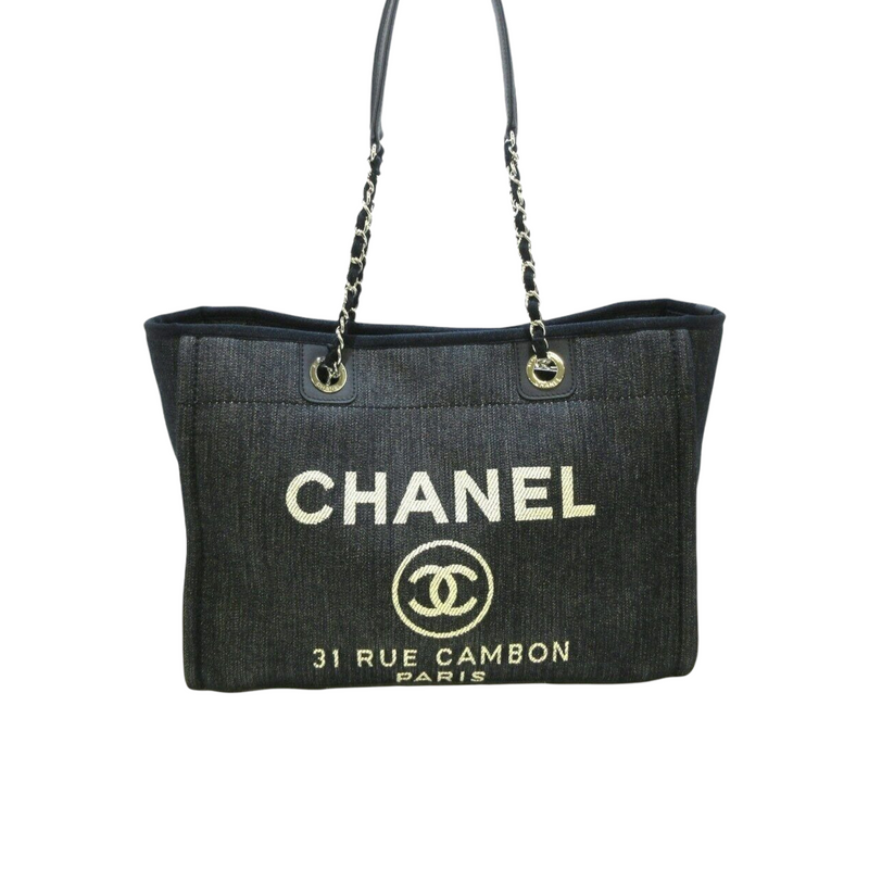 Chanel Small Deauville Shopping Tote in Dark Blue Denim Fabric and LGHW