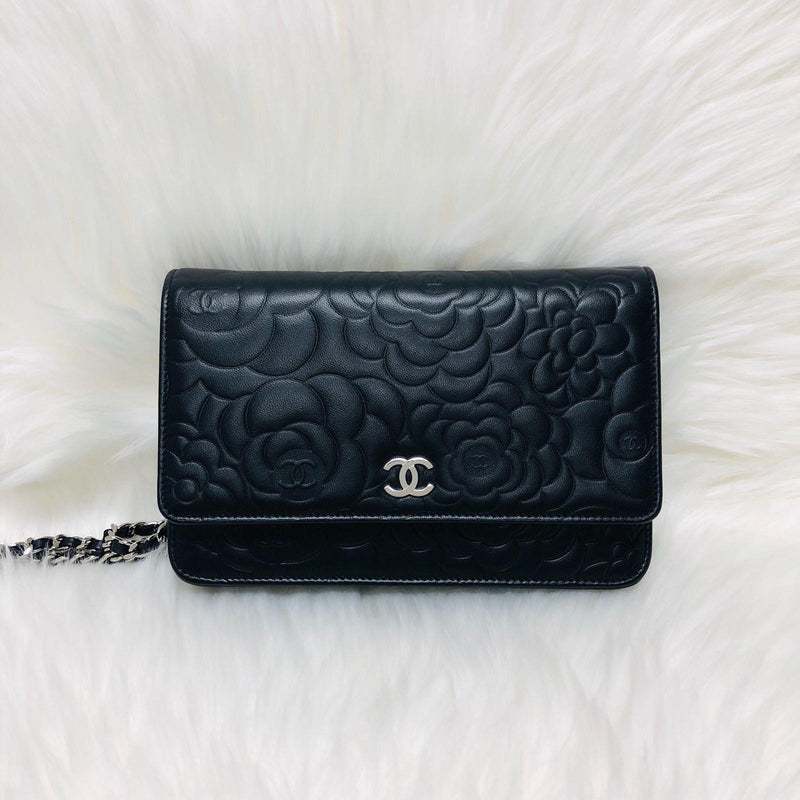 Chanel Black Lambskin Leather Camellia Embossed WOC (wallet-on-chain) Clutch  Bag