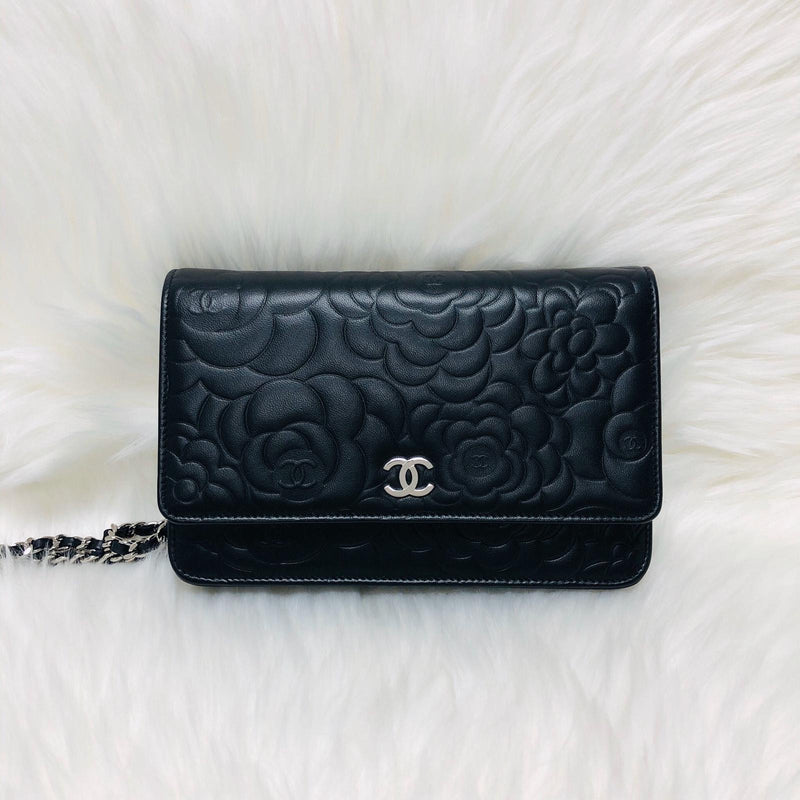 Camellia Embossed WOC Clutch Bag in Black Lambskin with SHW