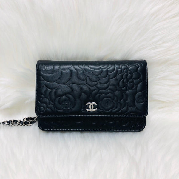 Chanel Pink Camellia Embossed Patent Leather WOC Clutch Bag