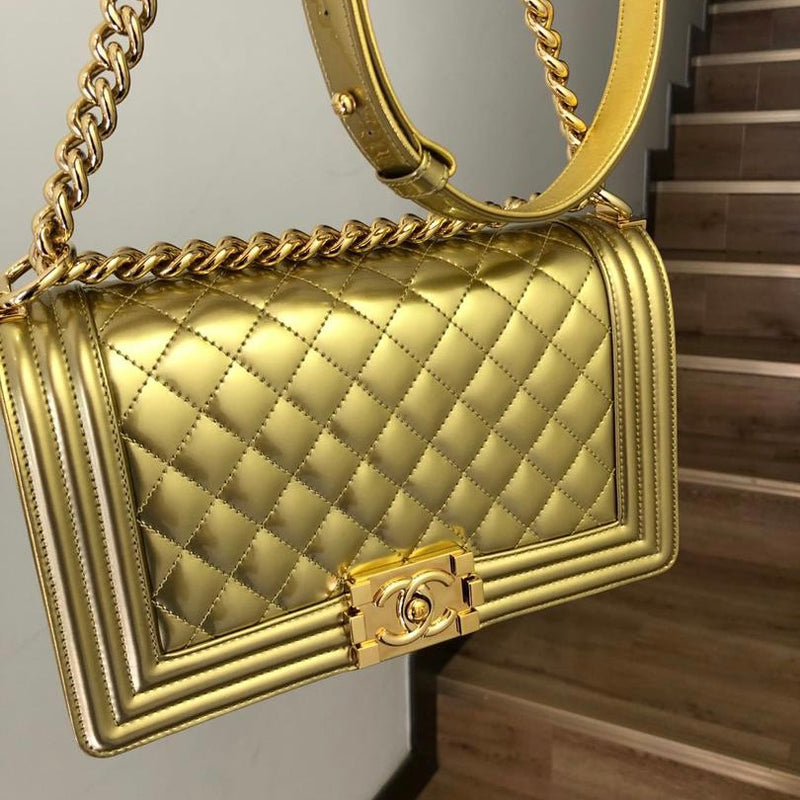 Old Medium Boy Bag in Patent Gold with GHW