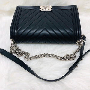 Le Boy Chevron Calfskin Flap Bag with Shiny Silver Hardware New Medium