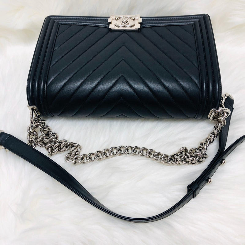 Le Boy Chevron Calfskin Flap Bag with Shiny Silver Hardware New Medium