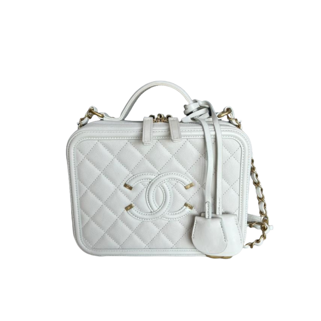 CC Medium Caviar Quilted Vanity Case White GHW