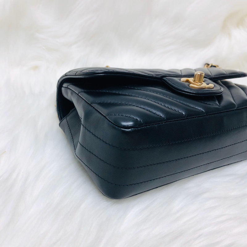 Mini Rectangular Chevron in Black Lambskin Leather with  GHW
