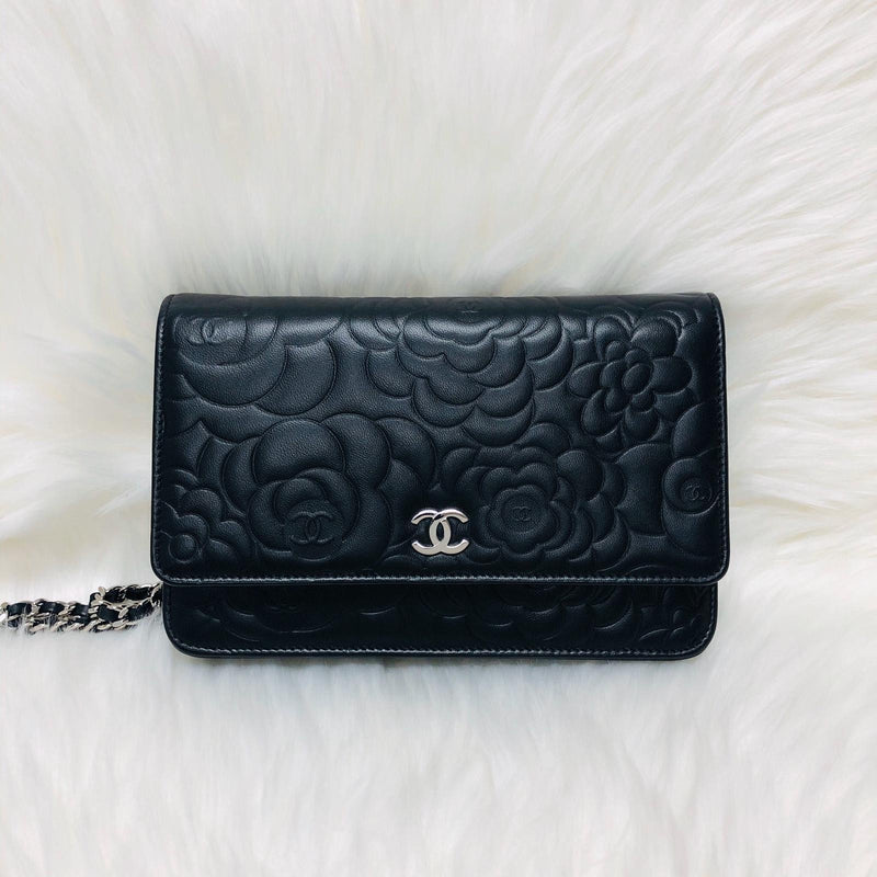 Camellia Embossed WOC Clutch Bag in Black Lambskin with SHW