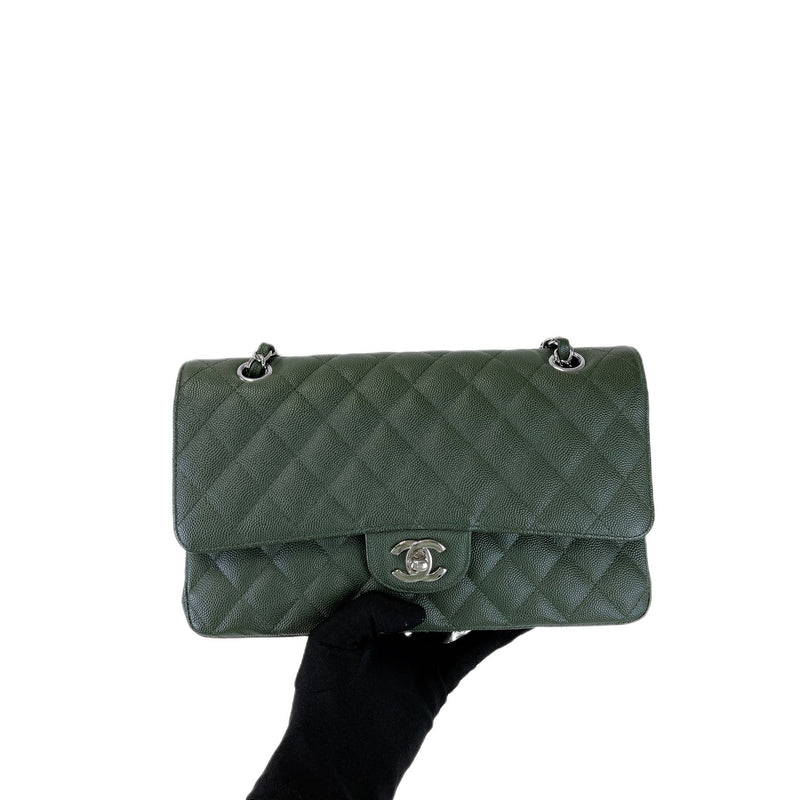 Medium Classic Double Flap Caviar Green SHW