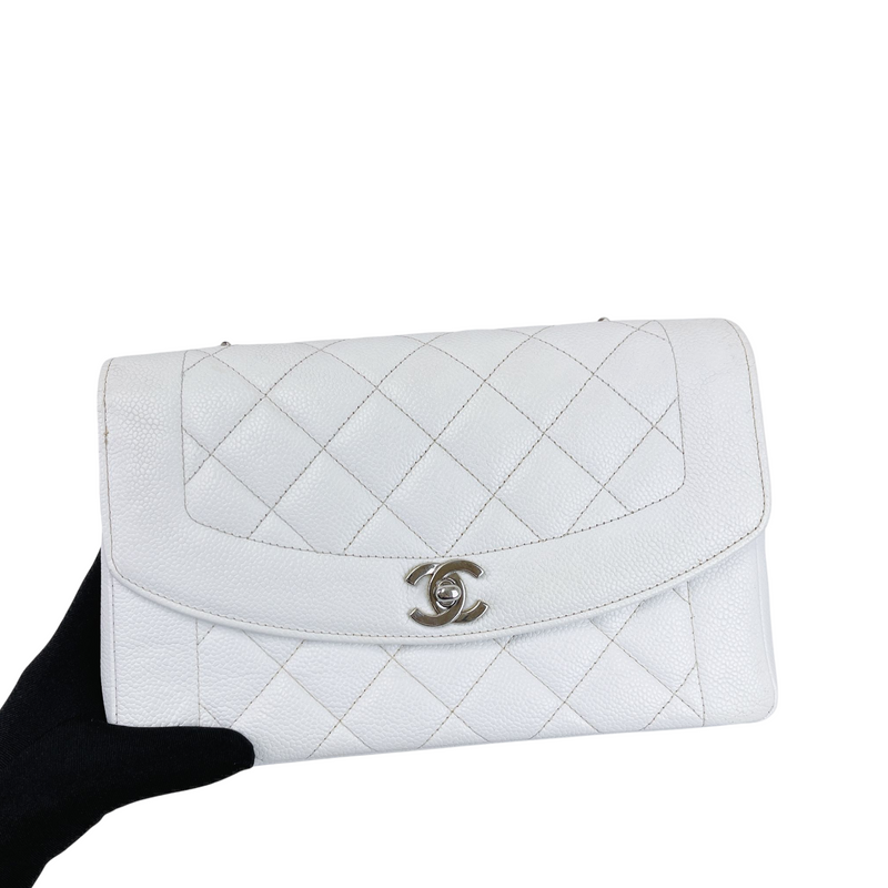 Medium Diana Flap Caviar White SHW