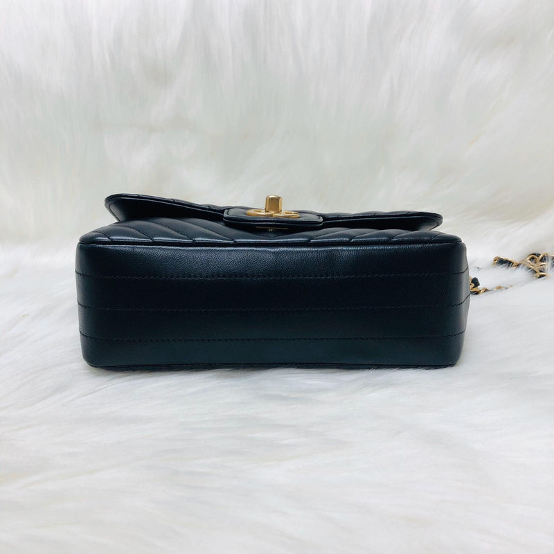 Mini Rectangular Chevron in Black Lambskin Leather with  GHW