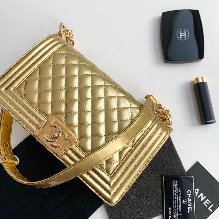 Old Medium Boy Bag in Patent Gold with GHW