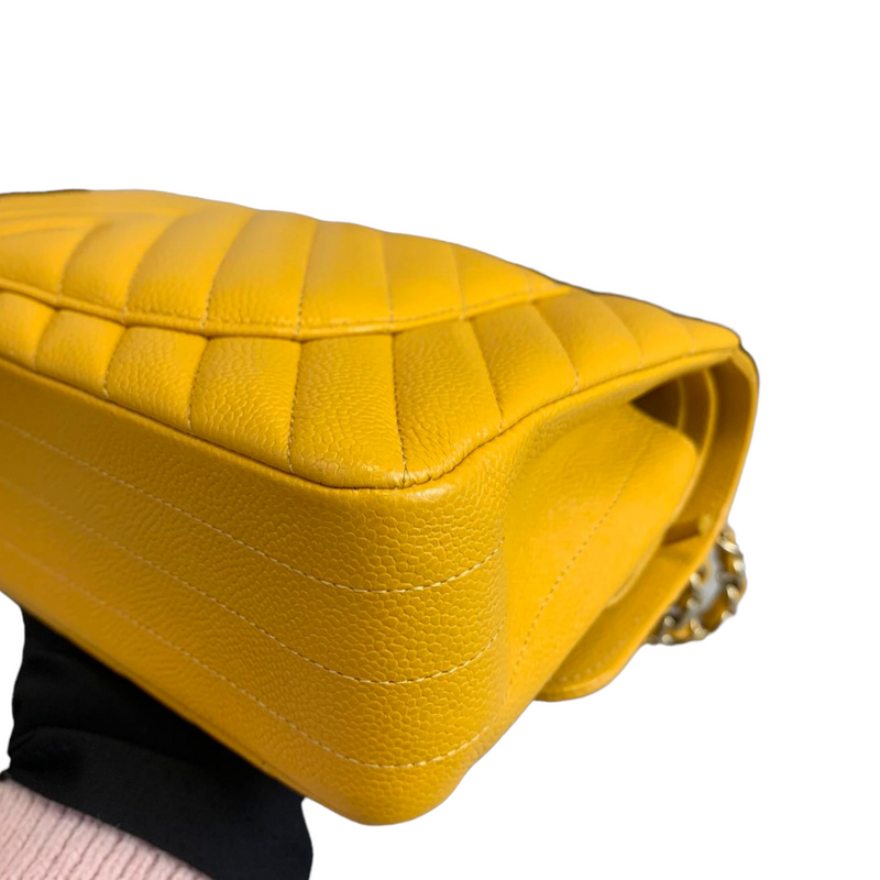 Small Classic Chevron Flap Caviar Yellow SHW