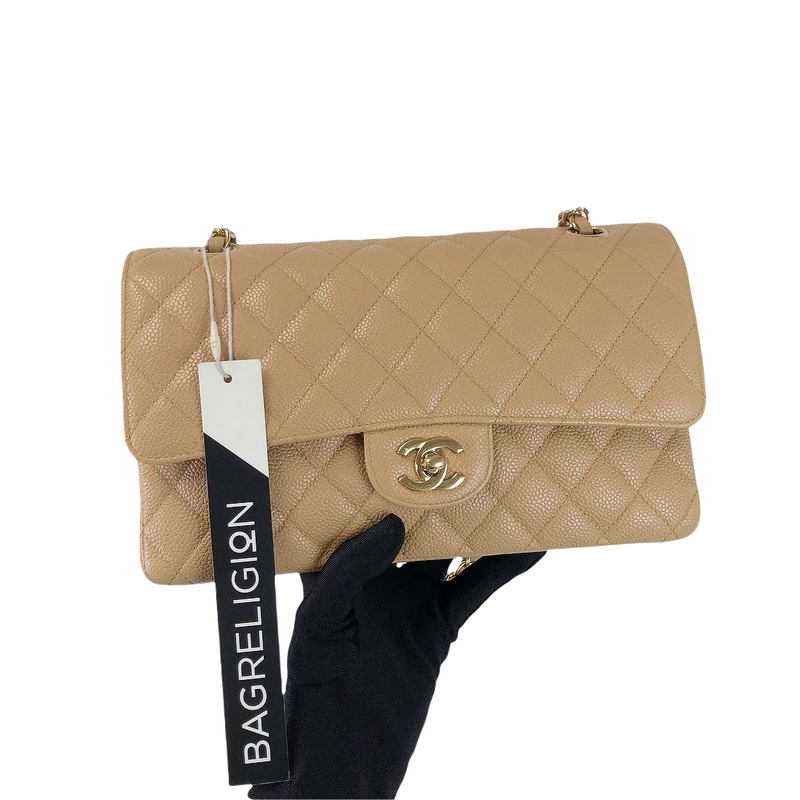 Chanel Beige Quilted Caviar Medium Classic Double Flap Gold