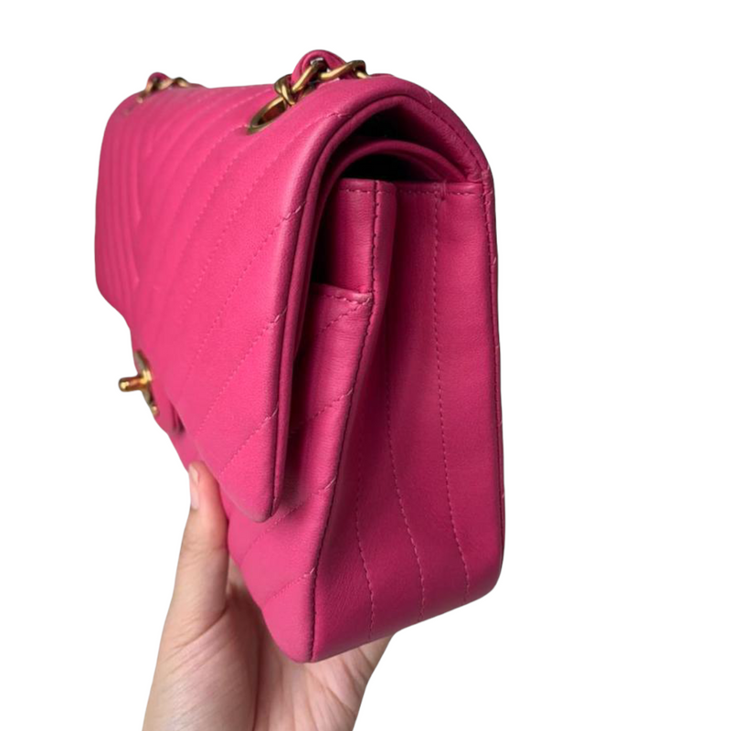 Classic Chevron Double Flap Medium Lambskin Pink GHW