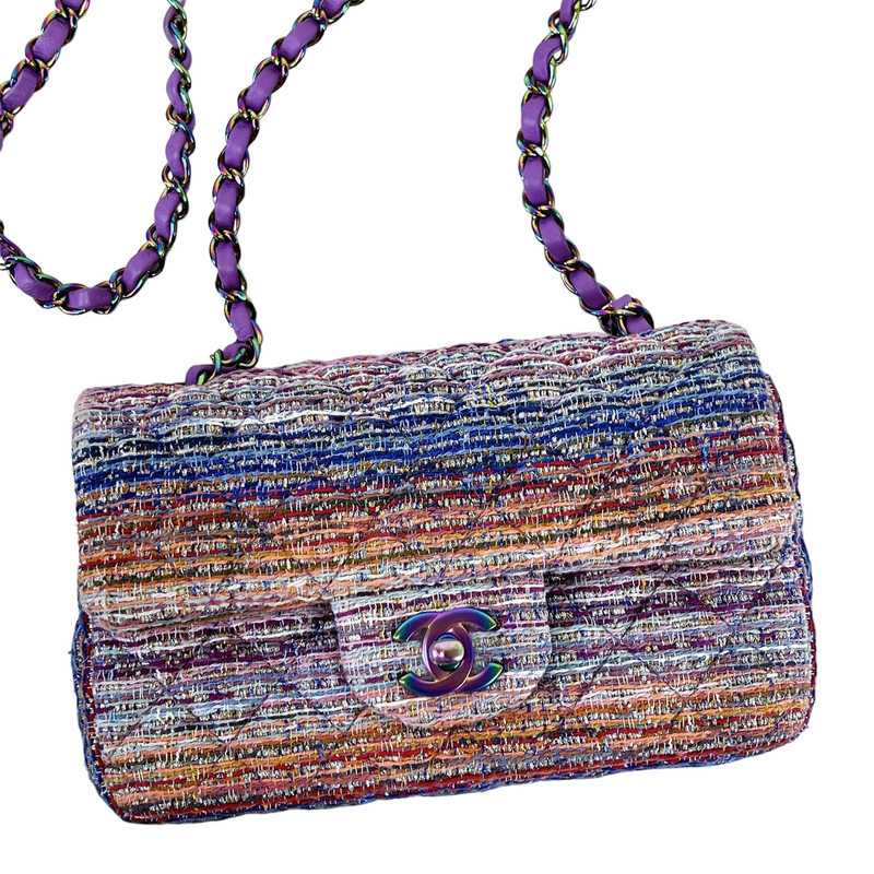 Mini Rectangle Flap Tweed Purple Rainbow Hardware