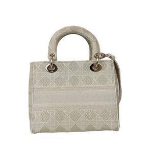 Medium Lady D-Lite  Canvas Embroidered Beige GHW