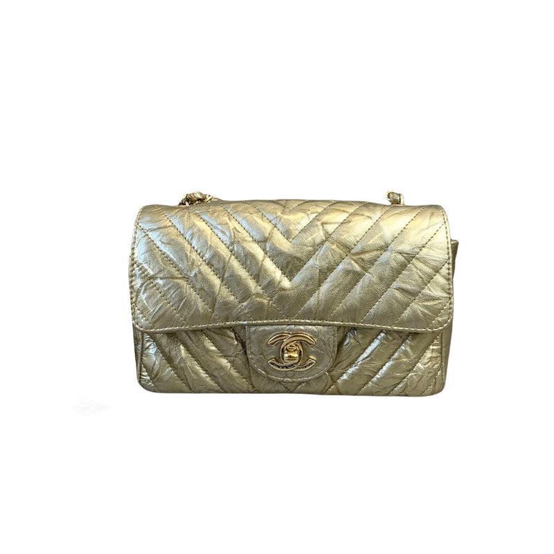 Mini Rectangle Chevron Metallic Crumpled Calfskin Gold GHW