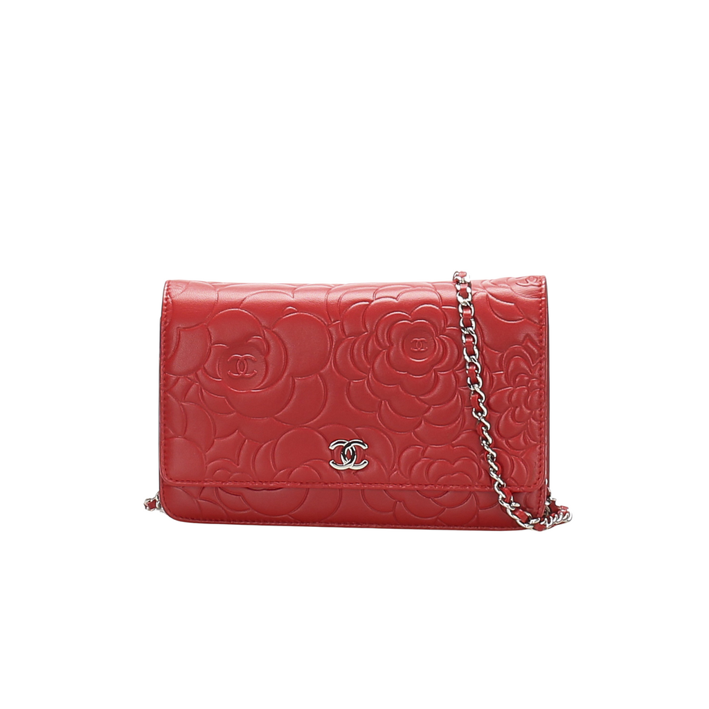 Camellia Lambskin Leather Wallet on Chain Red SHW